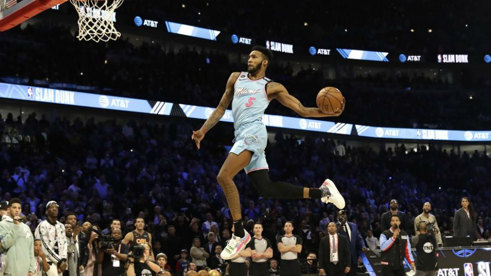 Miami Heat's Derrick Jones Jr. heads to the basket during the NBA All-Star slam dunk contest in Chicago, Saturday, Feb. 15, 2020. (AP Photo/Nam Y. Huh)