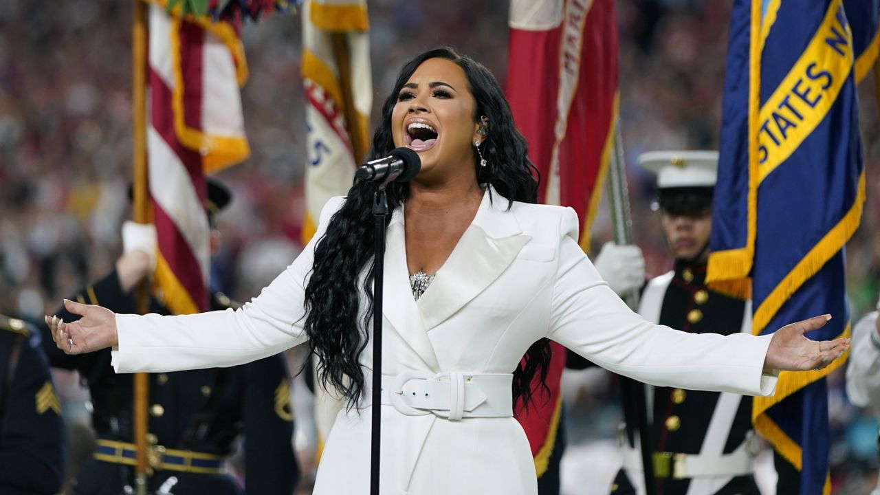 Demi Lovato performs the national anthem before the NFL Super Bowl 54 football game between the San Francisco 49ers and the Kansas City Chiefs in Miami Gardens, Fla., on Feb. 2, 2020. (AP Photo/David J. Phillip, File)