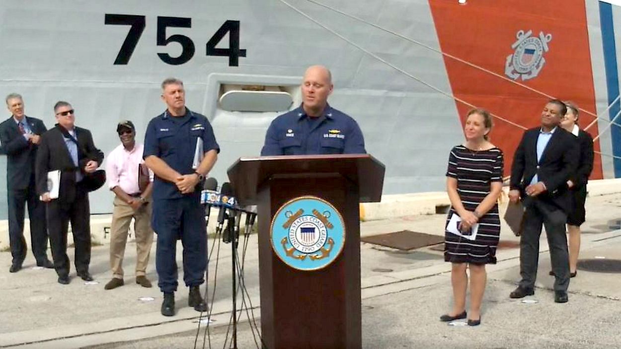 A group of U.S officials turned out at Port Everglades on Thursday to commend the crew of the U.S. Coast Guard cutter James and other partners involved in seizing $1.06 billion in cocaine and marijuana at sea. (Courtesy U.S. Coast Guard via Facebook)