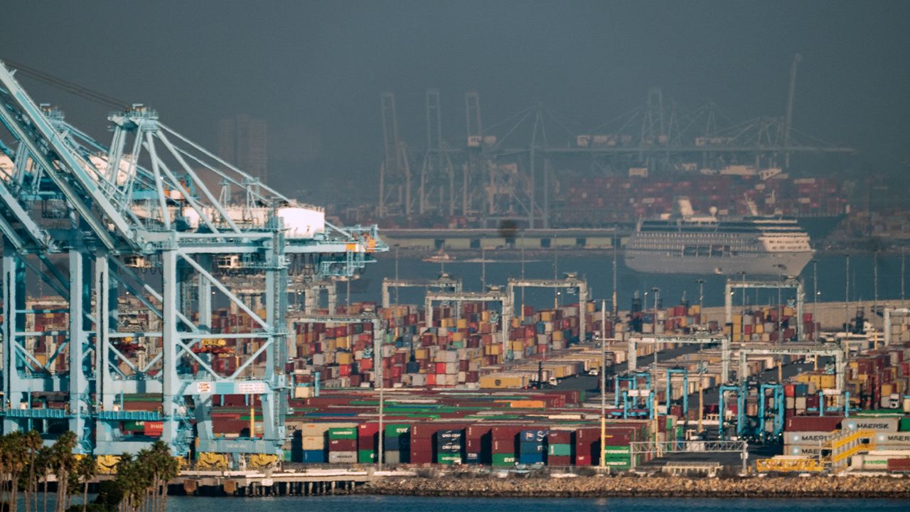The Port of Los Angeles is seen from San Pedro, Calif., Tuesday, Nov. 30, 2021. U.S. Secretary of Labor Marty Walsh visited the Port of Los Angeles on Tuesday. (AP Photo/Damian Dovarganes)