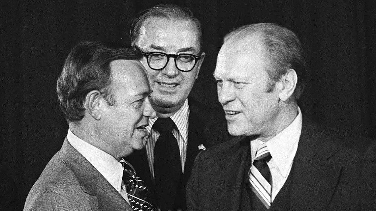 President Ford talks with North Carolina Congressman Jim Broyhill, left, and Sen. Jesse Helms, center, during a Republican fund raising visit to Raleigh in this Nov. 14, 1975 photo. Broyhill who served briefly in the Senate in the mid-1980s has died. The family of Jim Broyhill confirmed he died early Saturday, Feb. 18, 2023 in Winston-Salem at the age of 95. (AP Photo, File)