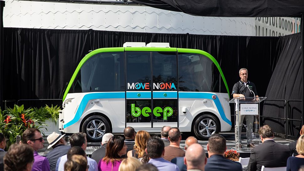 Two driverless, electric shuttles will soon carry passengers around Orlando's Lake Nona community. (Courtesy of Beep)