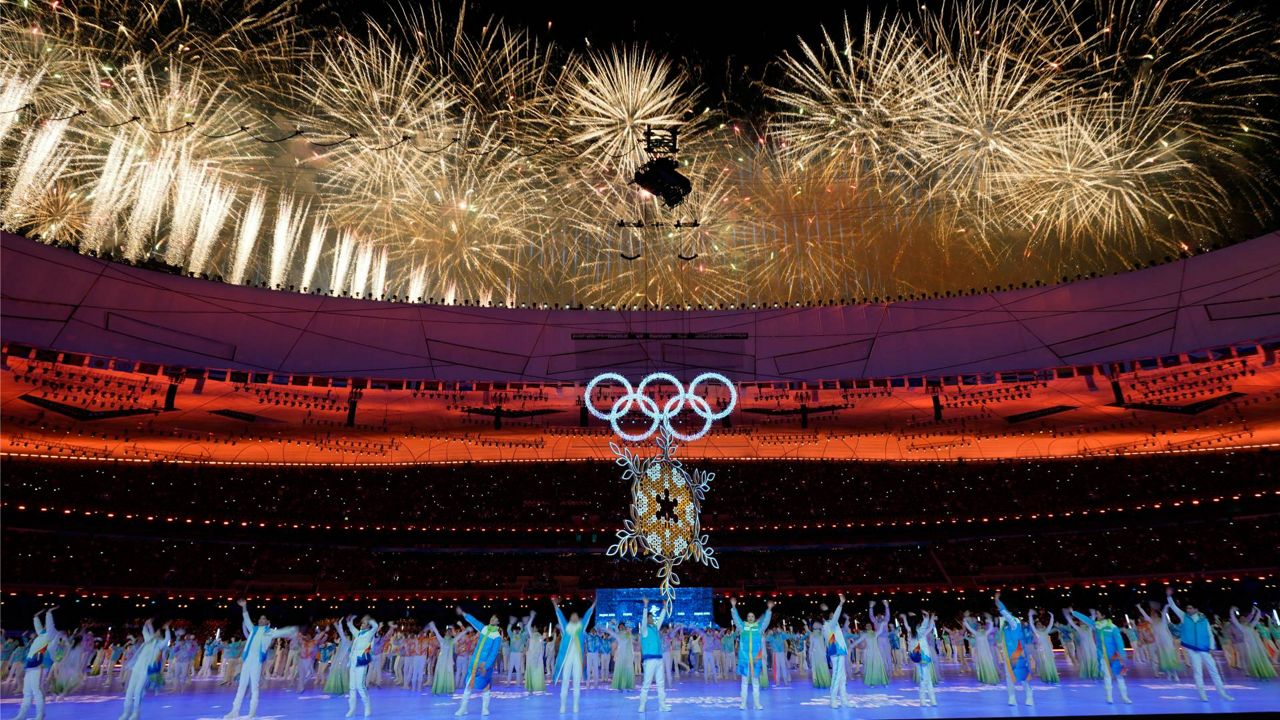 Fireworks explode over the stadium during the closing ceremony of the 2022 Winter Olympics, Feb. 20, 2022, in Beijing. (AP Photo/Natacha Pisarenko)