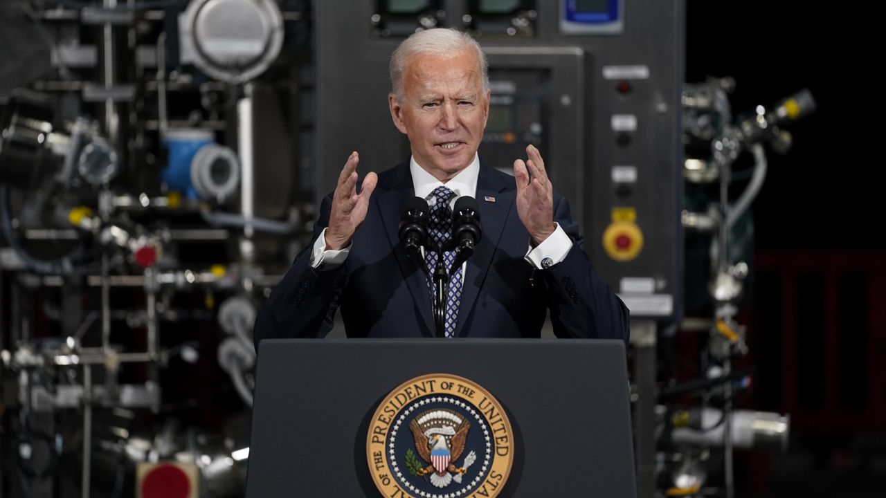 President Joe Biden speaks after a tour of a Pfizer manufacturing site in Portage, Mich. on Feb. 19, 2021. (AP Photo/Evan Vucci)