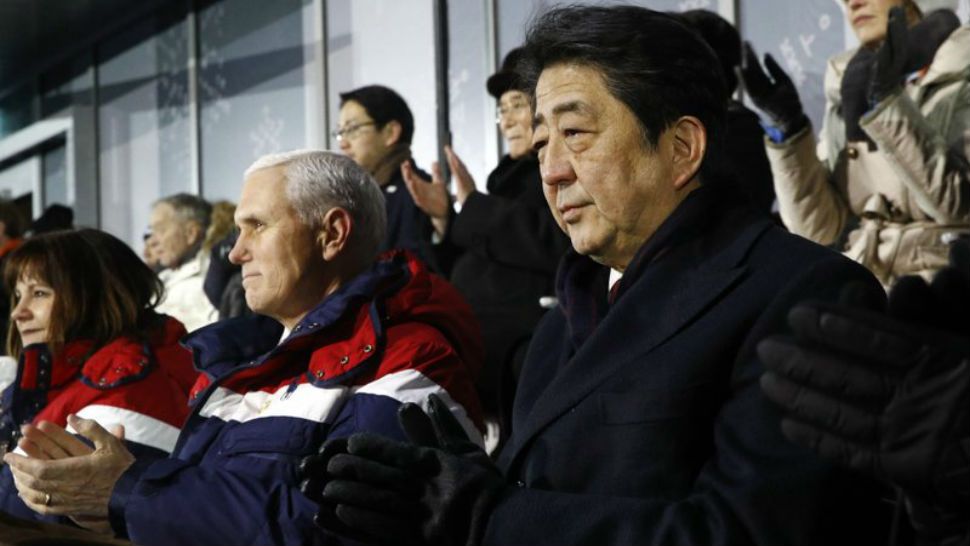 FILE - In this Feb. 9, 2018, file photo, Japanese Prime Minister Shinzo Abe, right, sits alongside Vice President Mike Pence, center, and second lady Karen Pence at the opening ceremony of the 2018 Winter Olympics in Pyeongchang, South Korea, Friday, Feb. 9, 2018. Pence was all set to hold a history-making meeting with North Korean officials during the Winter Olympics in South Korea, but Kim Jong Un’s government canceled at the last minute, the Trump administration said Tuesday, Feb. 20. (AP Photo/Patrick Semansky, Pool)