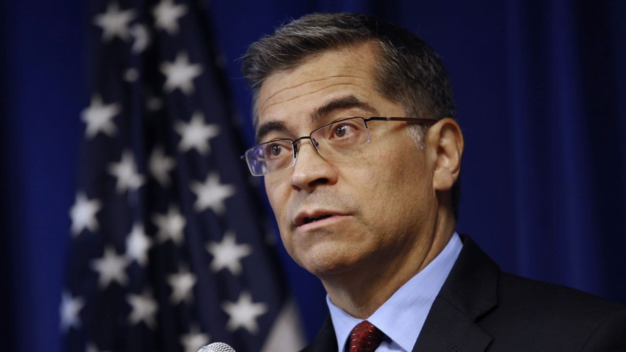 Then California Attorney General Xavier Becerra speaks during a news conference in Sacramento, Calif. on Dec. 4, 2019. (AP Photo/Rich Pedroncelli)