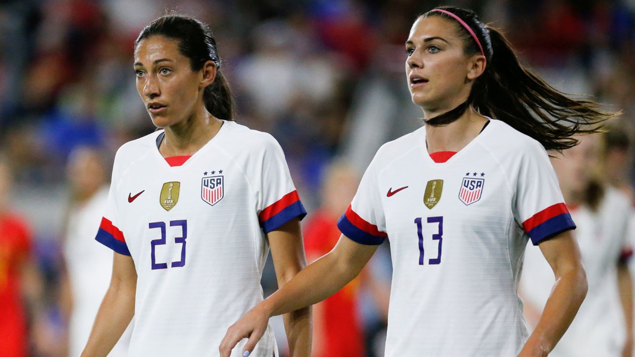 United States forwards Christen Press (23) and Alex Morgan (13) during an international friendly soccer match between United States and Belgium Sunday, April 7, 2019, in Los Angeles. (AP Photo/Ringo H.W. Chiu)