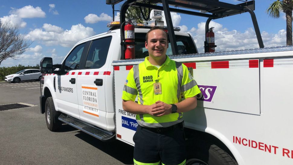 Garrett Popovich just started on the job as a Road Ranger a few months ago, the Orlando Fire Department says. (Tony Rojek/Spectrum News)