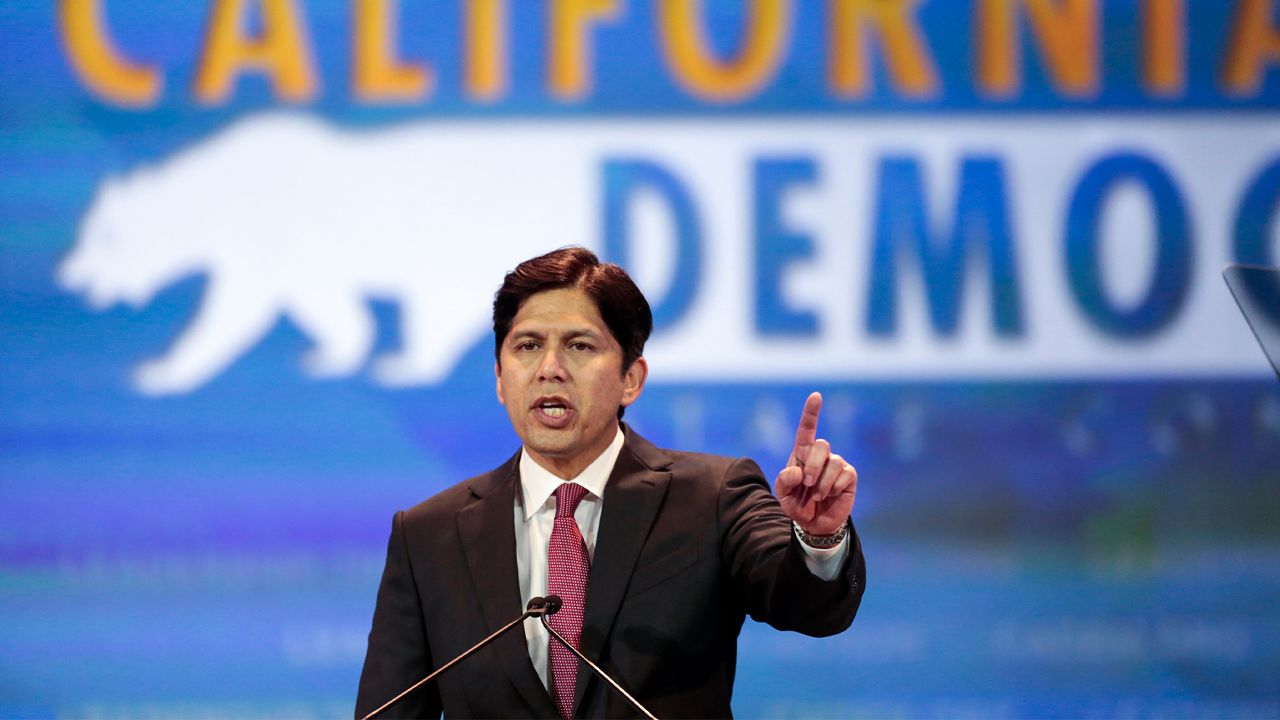 California President pro Tem Kevin de Leon greets supporters at the California Democrats State Convention in Anaheim, Calif., on Saturday, May 16, 2015. (AP Photo/Damian Dovarganes)