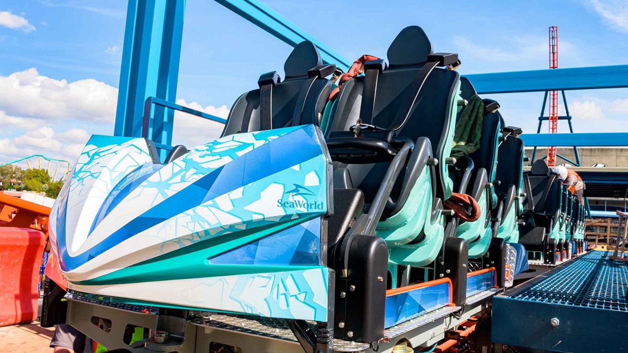 The coaster vehicle for SeaWorld Orlando's Ice Breaker was recently placed on the track. (Courtesy of SeaWorld)