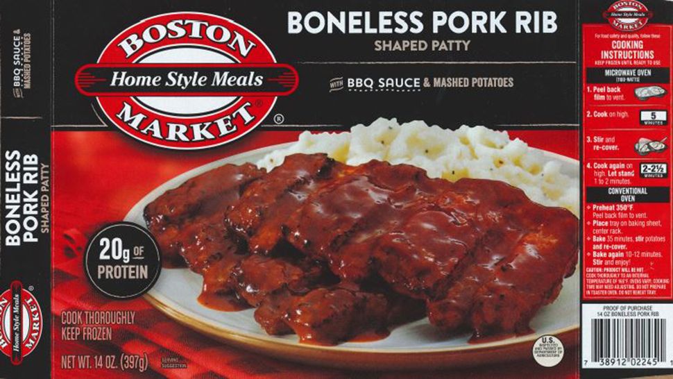 Boston Market Home Style Meals: Boneless Pork Rib Shaped Patty with BBQ Sauce and Mashed Potatoes have been recalled because they may contain glass or hard plastic. (Courtesy of USDA)