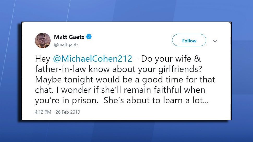 This now deleted tweet by Matt Gaetz led to complaints that the congressman was threatening attorney Michael Cohen. 