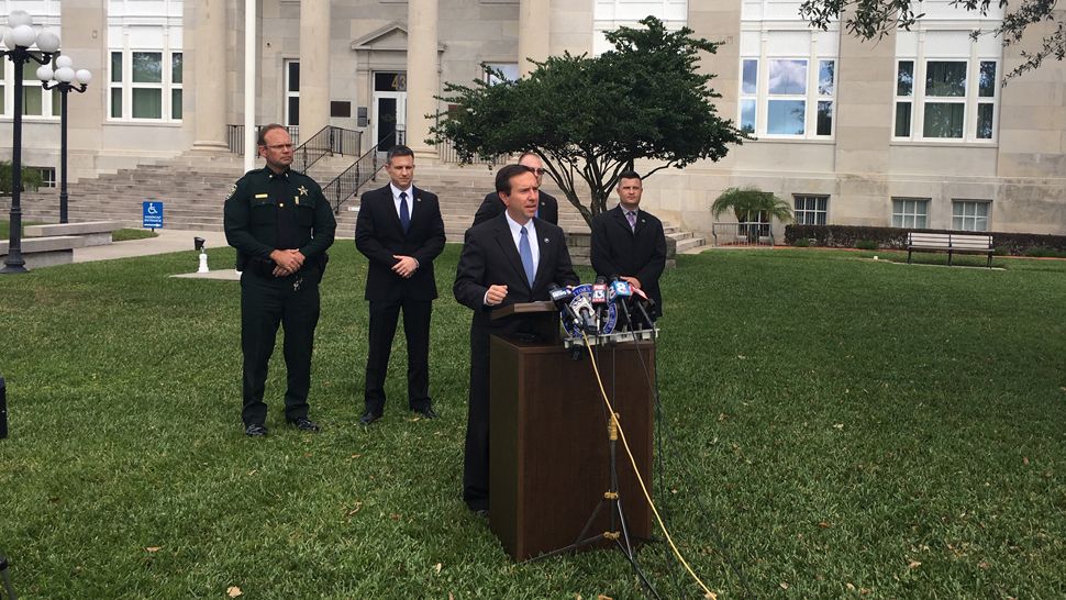 State Attorney Brian Haas speaks to assembled media, Friday, February 8, 2019. (Stephanie Claytor/Spectrum Bay News 9)