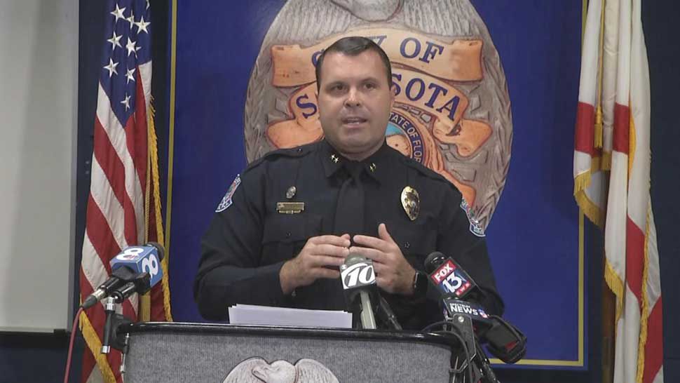 Sarasota Police Deputy Chief Pat Robinson talks to assembled media about the recovery of remains identified as belonging to missing Sarasota teen Jabez Spann, Tuesday, February 19, 2019. (Spectrum Bay News 9)