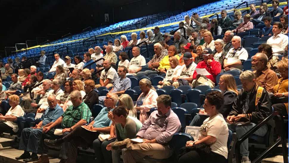 Manatee County residents attending a school board meeting, Tuesday, February 26, 2019. Many were residents of Parrish who wished to have their voices heard in terms of the name of the new high school being built in their community. (Angie Angers/Spectrum Bay News 9)