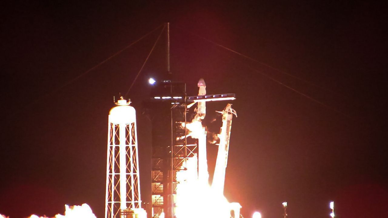 The Falcon 9 rocket lifted off from Launch Complex 39A at the Kennedy Space Center on Sunday, March 3, 2024. The first-stage booster is brand new and the Crew-8 mission is its first launch. (Spectrum News/Anthony Leone) 