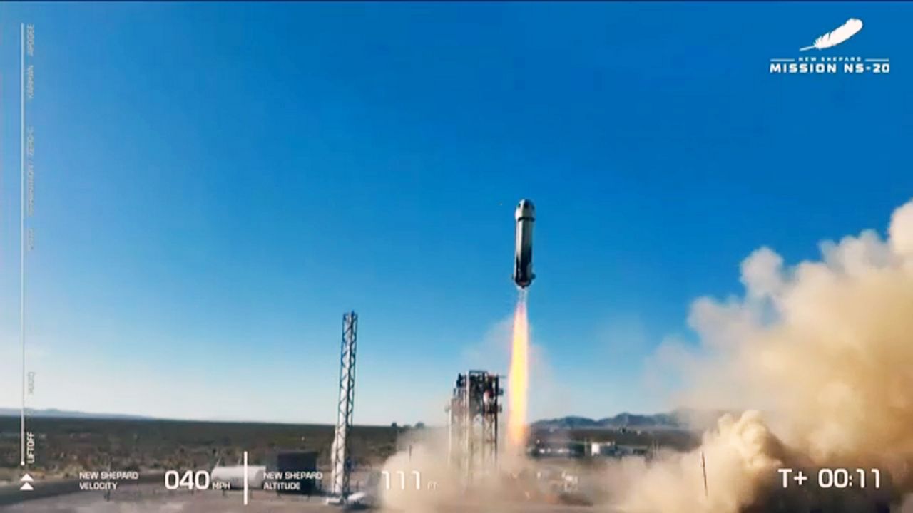 Six astronauts were launch aboard Blue Origin's New Shepard rocket as part of the company’s NS-20 mission from near Van Horn, Texas, on Thursday. (Spectrum News)