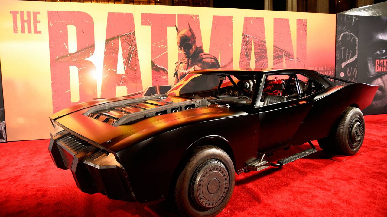 A batmobile from "The Batman" appears at the film's world premiere at Lincoln Center Josie Robertson Plaza on Tuesday in New York. (Photo by Evan Agostini/Invision/AP)