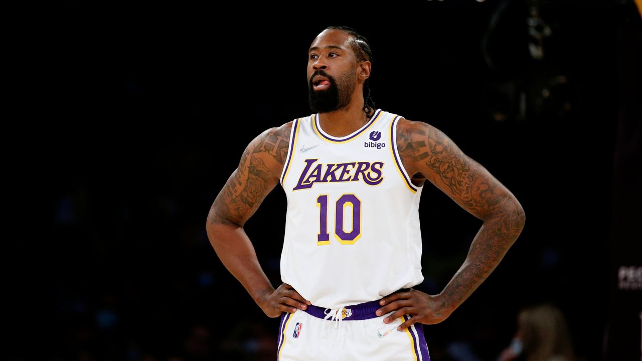 Los Angeles Lakers center DeAndre Jordan (10) stands during the second half of an NBA basketball game against the Orlando Magic in Los Angeles, Sunday, Dec. 12, 2021. (AP Photo/Ringo H.W. Chiu)