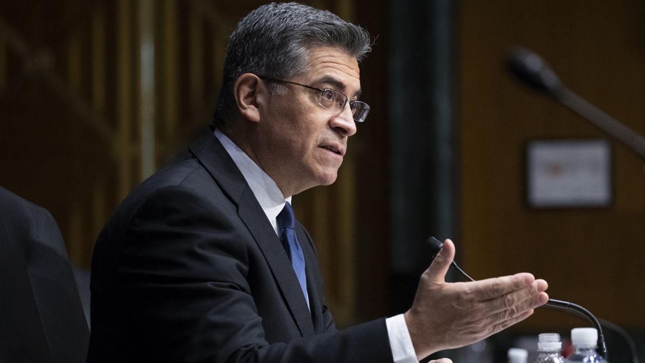 Xavier Becerra testifies during a Senate Finance Committee hearing on his nomination to be secretary of Health and Human Services on Capitol Hill in Washington, Wednesday, Feb. 24, 2021. (Greg Nash/Pool via AP)