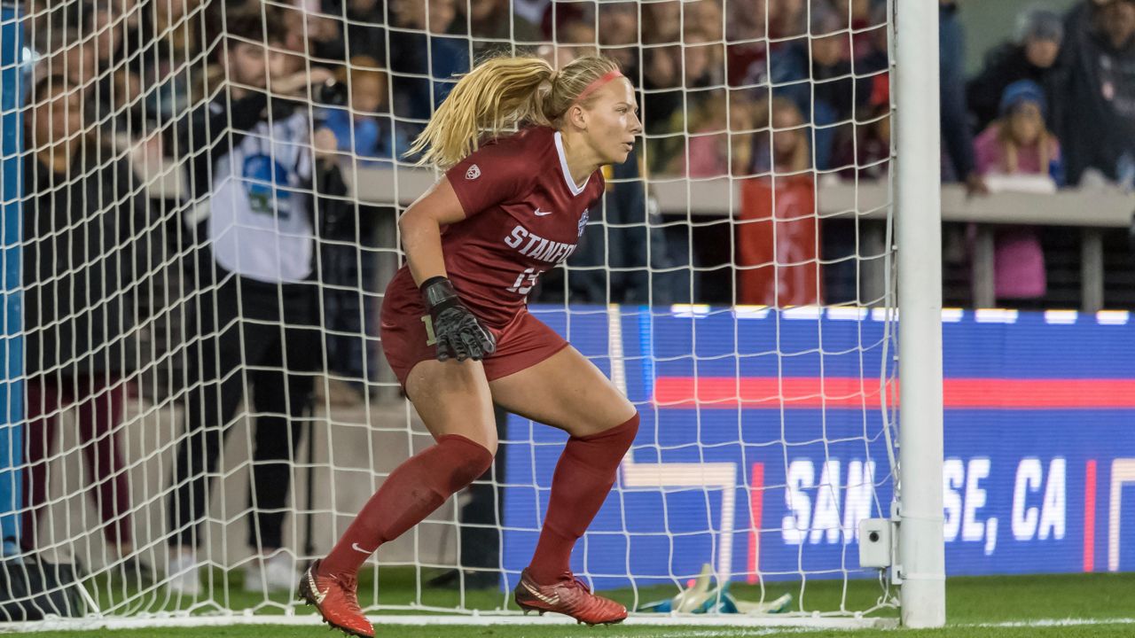 In a photo provided by Stanford Athletics, Stanford goalkeeper Katie Meyer guards the goal against North Carolina in the NCAA soccer tournament championship match Dec. 8, 2019, in San Jose, Calif.