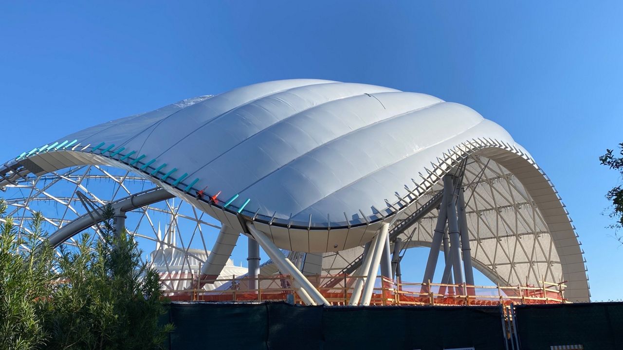White canopy has been installed on the exterior structure of TRON Lightcyle Run at Magic Kingdom. (Spectrum News/Ashley Carter)