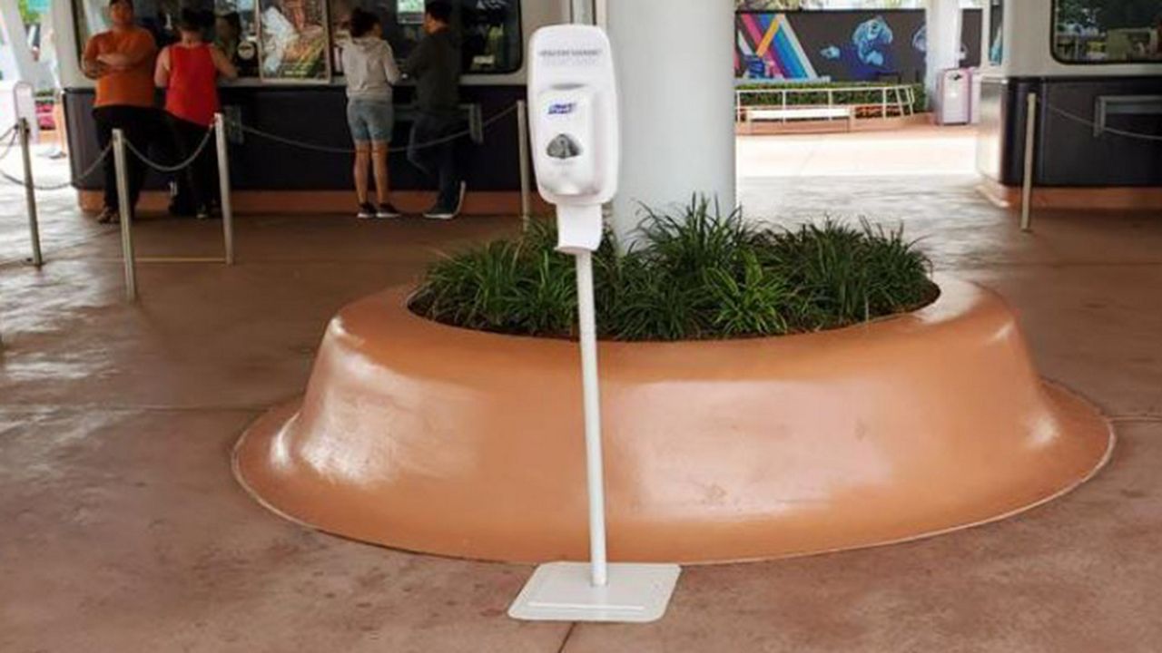 Florida's theme parks have added more hand sanitizer dispensers amid coronavirus concerns. (Ashley Carter/Spectrum News)