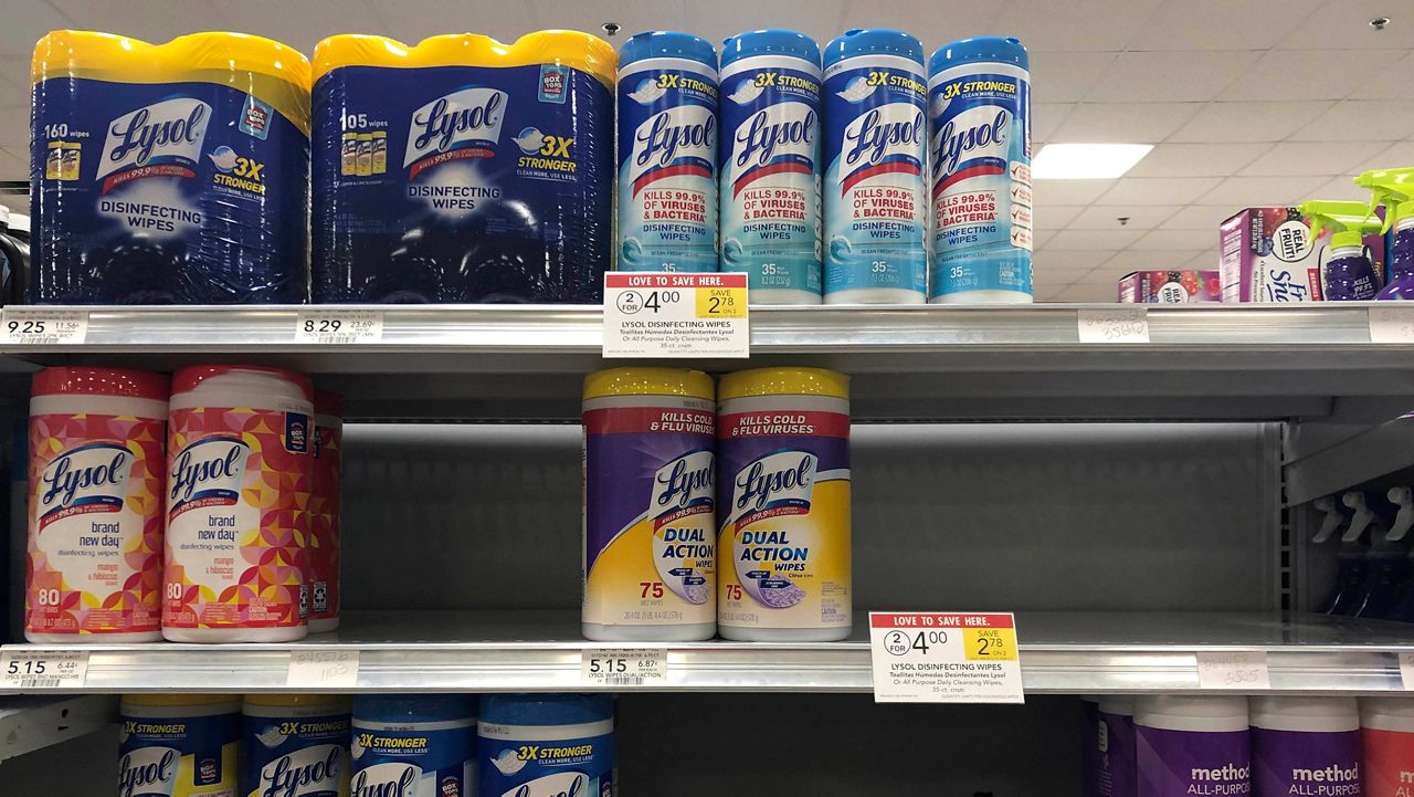 A few containers of disinfecting wipes remain on the shelves at a Publix Supermarket on February 28 in Miami Shores. (Marta Lavandier/AP)