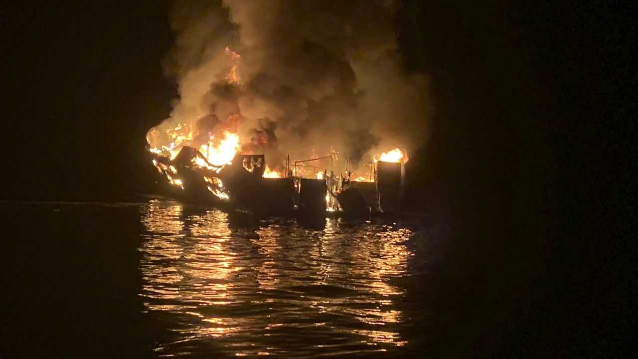The dive boat Conception is engulfed in flames after a deadly fire broke out aboard the commercial scuba diving vessel off the Southern California coast on Sept. 2, 2019. (Santa Barbara County Fire Department via AP)