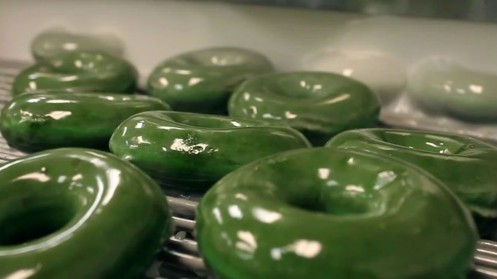 Green doughnuts that'll be for sale at Krispy Kreme March 16-17. (Image/Krispy Kreme Doughnuts)