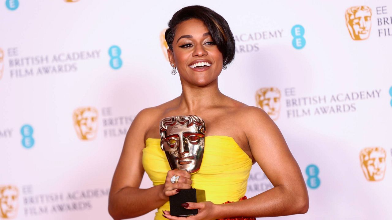 Ariana Debose holds her Supporting Actress award for her role in the film 'West Side Story' at the 75th British Academy Film Awards, BAFTA's, in London Sunday, March 13, 2022. (Photo by Joel C Ryan/Invision/AP)