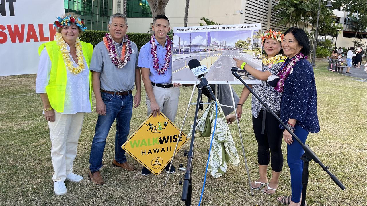 Jeanne Rice, Rep. Scott Saiki, Rep. Adrian Tam, Karen Cheung and Sen. Sharon Moriwaki were on hand to announce the new plan to make the intersection near Kolowalu Park safer. (Spectrum News/Michael Tsai)