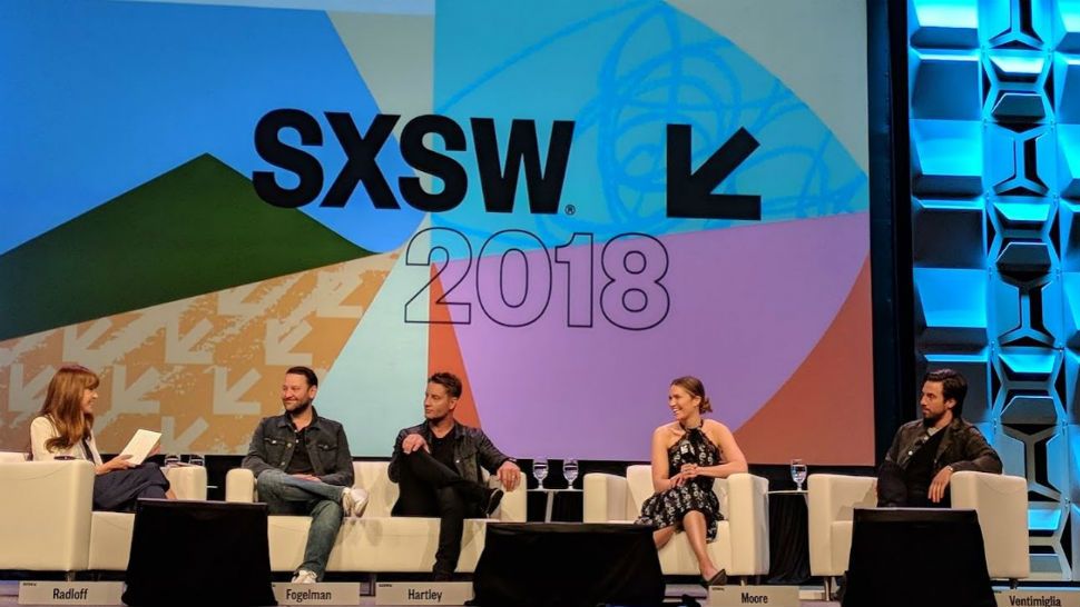 Pictured, from left: Glamour magazine writer Jessica Radloff, "This is Us" creator Dan Fogelman, Justin Hartley, Mandy Moore and Milo Ventimiglia, at the show's discussion panel on March 13,2018.