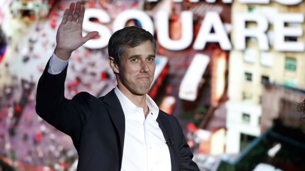Former Democratic Texas congressman Beto O'Rourke waves to the audience as he is introduced prior to an interview with Oprah Winfrey live on a Times Square stage at "Oprah's SuperSoul Conversations from Times Square," Tuesday, Feb. 5, 2019, in New York. O'Rourke dazzled Democrats in 2018 by nearly defeating Republican Sen. Ted Cruz in the country's largest red state. (AP Photo/Kathy Willens)