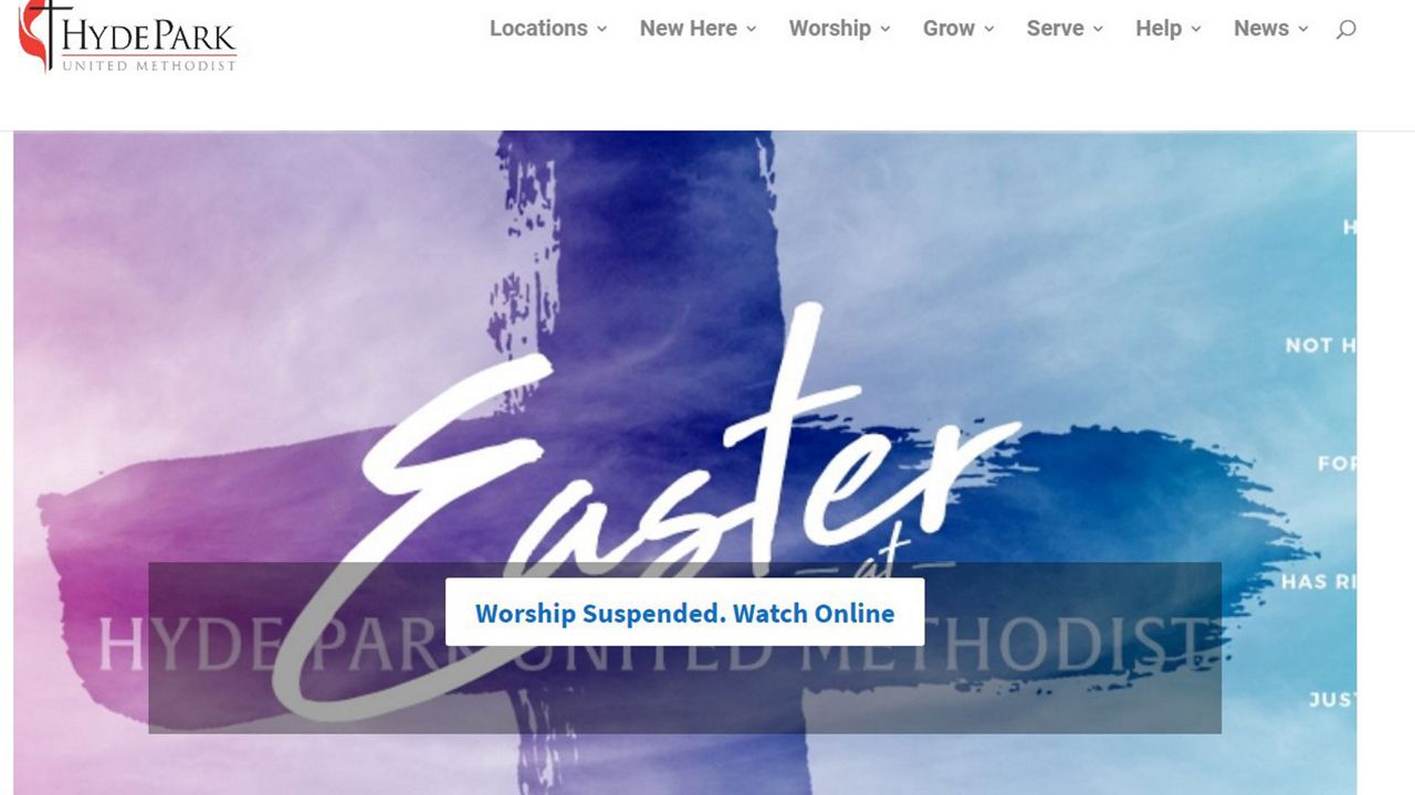 The website for Hyde Park United Methodist Church in Tampa, which shows Sunday services are moving online. 