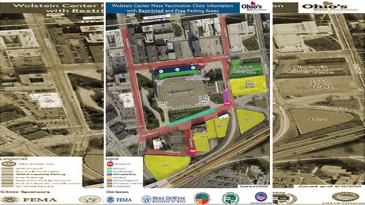 a map of free parking at Cleveland's mass vaccination clinic