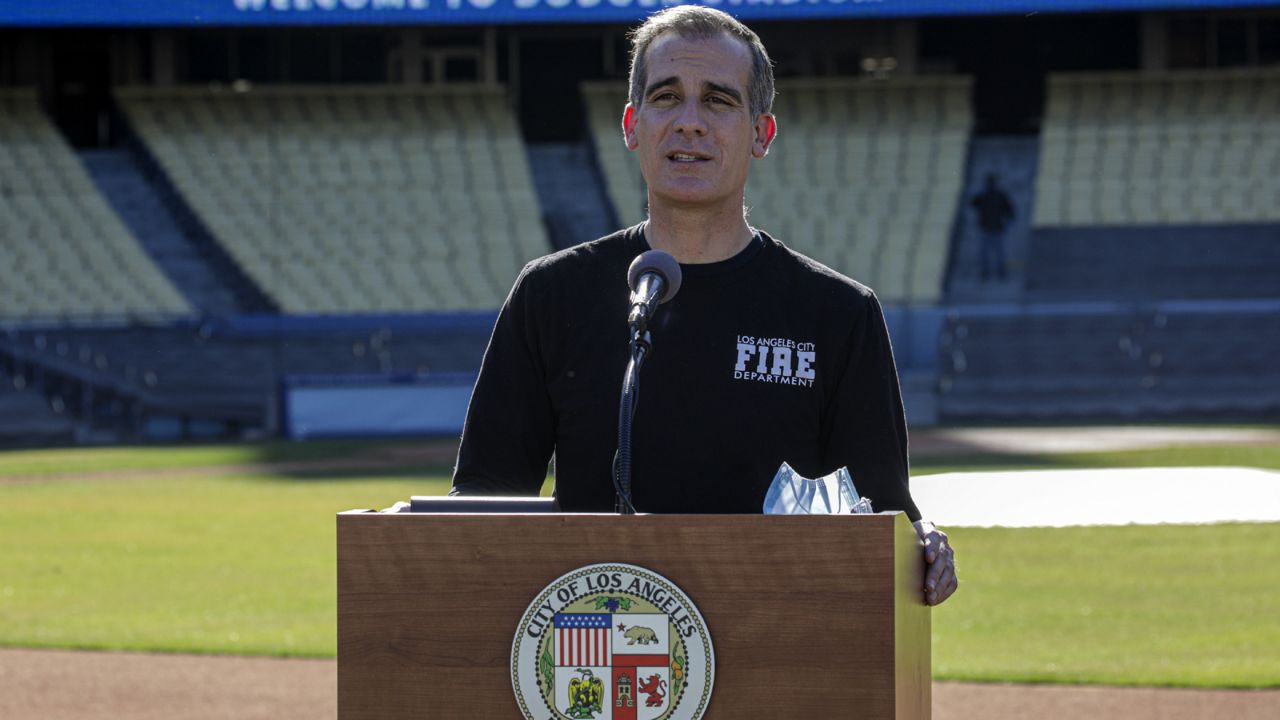 Los Angeles Mayor Eric Garcetti addresses a press conference held at the launch of a mass COVID-19 vaccination site at Dodger Stadium in Los Angeles on Jan. 15, 2021. (Irfan Khan/Los Angeles Times via AP, Pool)