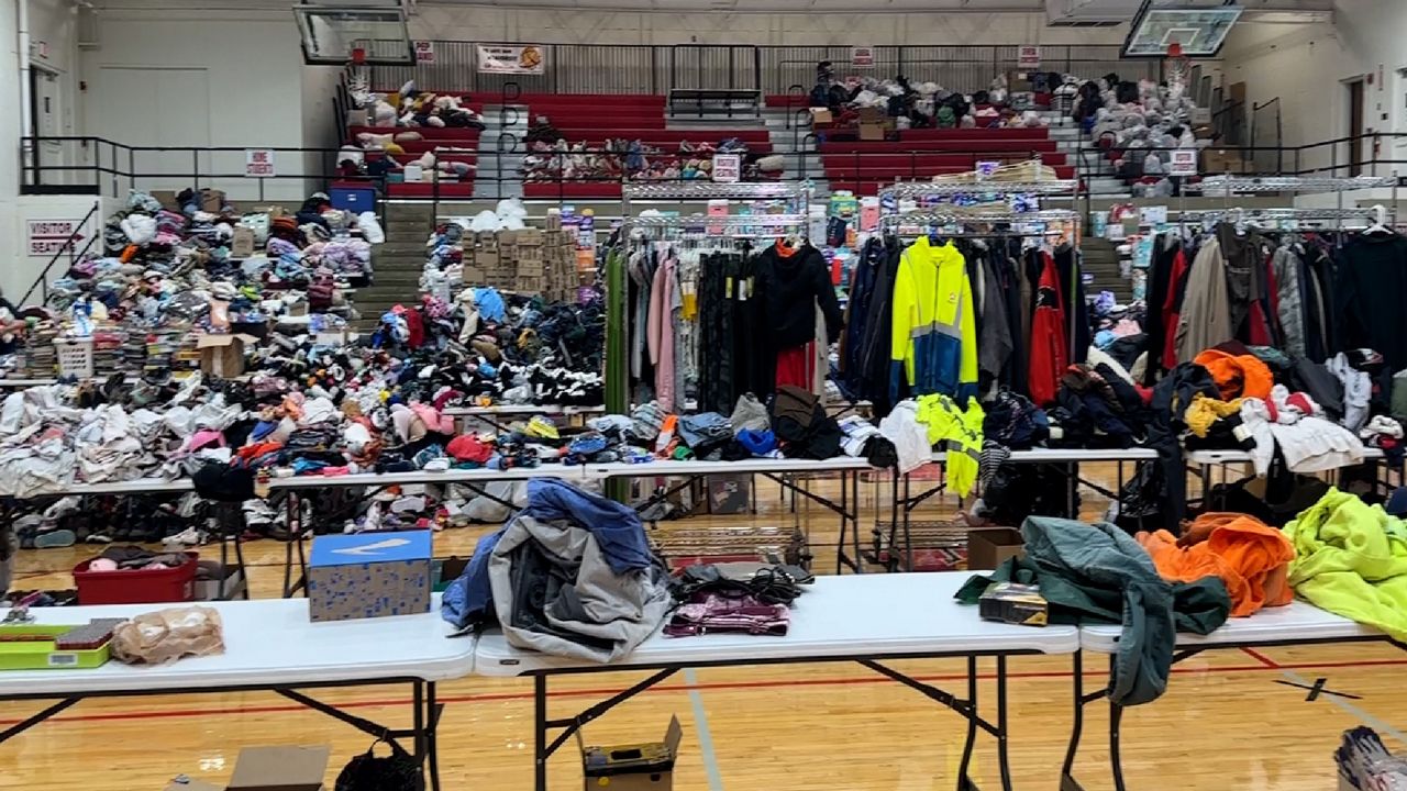 The Indian Lake High School gymnasium was stocked with essentials that could help families in need affected by the tornado. 