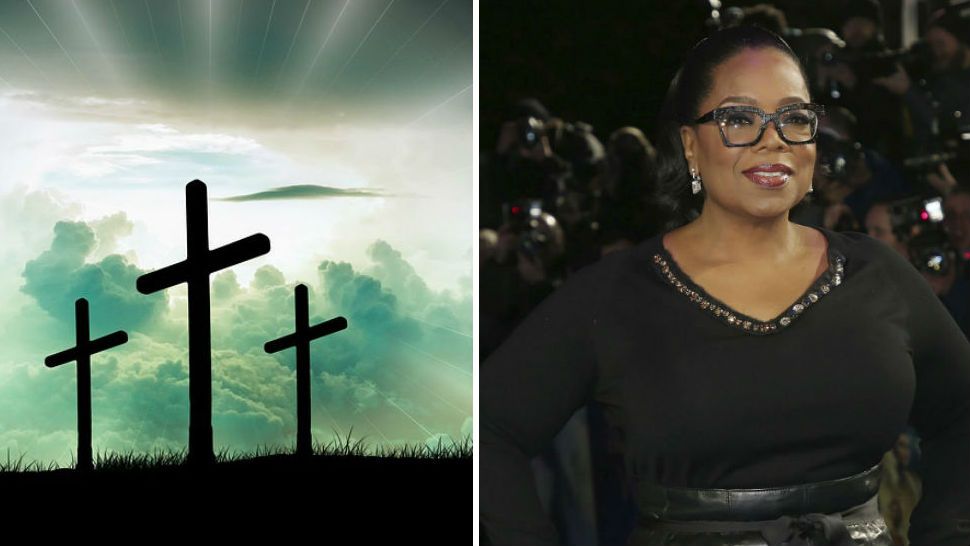 Left, file photo of crosses, right, Actress Oprah Winfrey poses for photographers upon arrival at the premiere of the film 'A Wrinkle In Time' in London, Tuesday, March 13, 2018. (Photo by Joel C Ryan/Invision/AP)