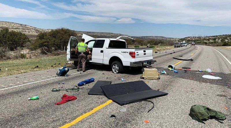 Debris is strewn across a road near the border city of Del Rio, Texas after a collision Monday, March 15, 2021. (Texas Department of Public Safety via AP)