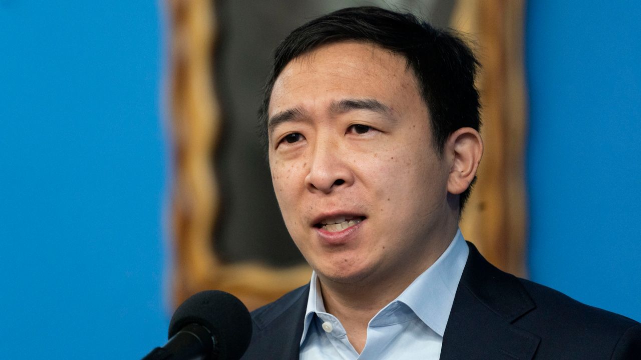 A March 18, 2021, photo of Democratic mayoral candidate Andrew Yang speaking at the National Action Network.