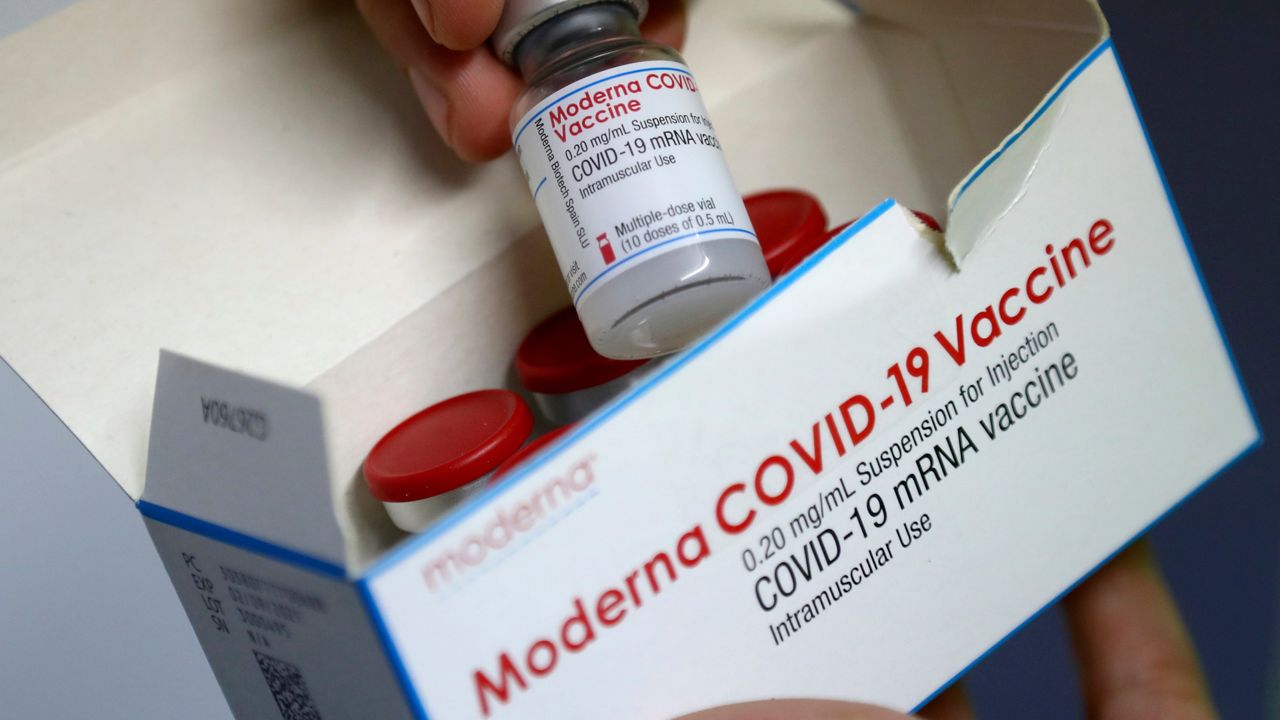 A March 19, 2021, file photo of a Moderna COVID-19 vaccine