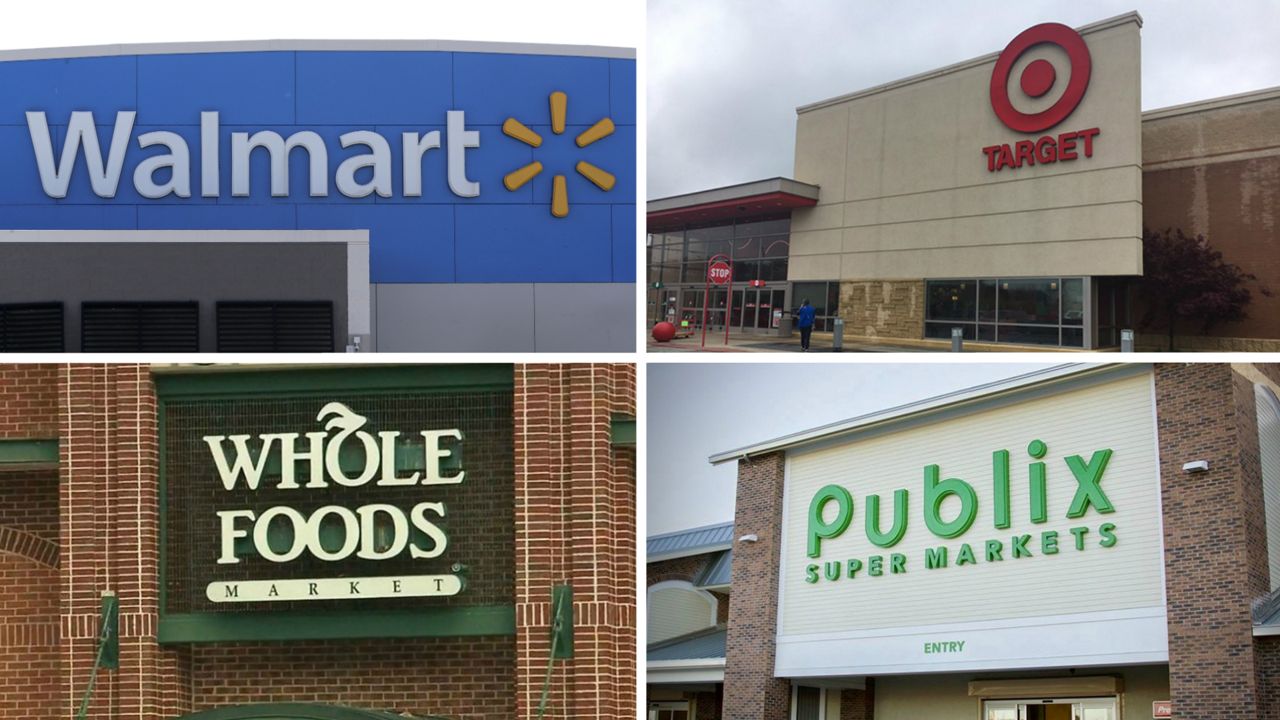 Walmart, Target, Whole Foods, and Publix storefronts.