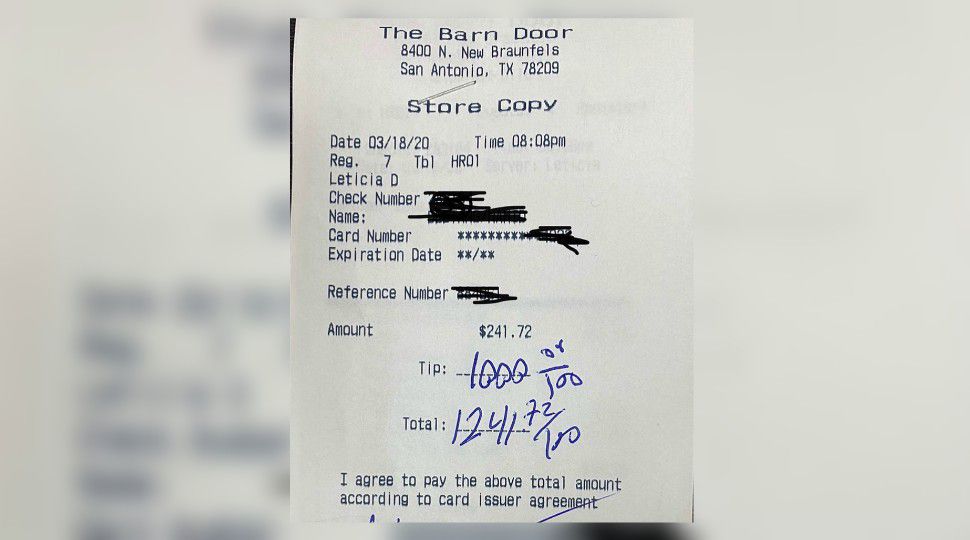 Image of a receipt at The Barn Door Restaurant where a customer left a $1,000 tip with a $241 bill (Courtesy: The Barn Door Restaurant)