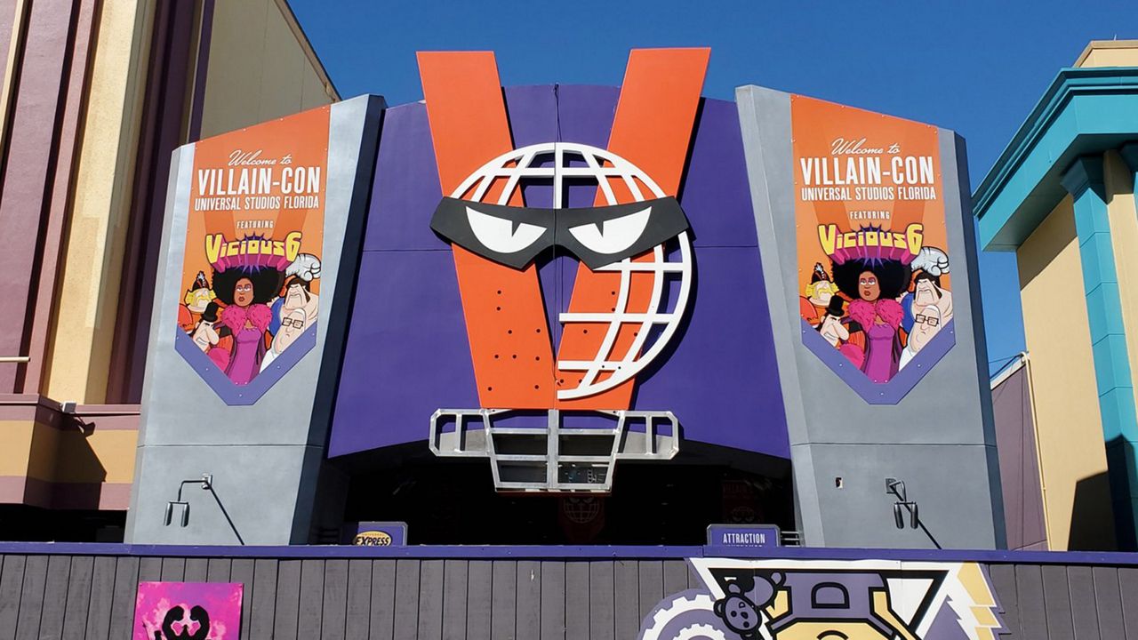 Villain-Con Minion Blast attraction gets 'V' logo on facade
