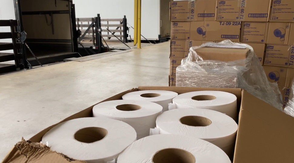 Rolls of toilet paper in boxes being donated by SeaWorld San Antonio to Ft. Sam Houston March 21, 2020 (Courtesy: SeaWorld San Antonio)