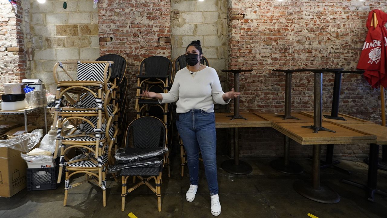 Brittney Valles, owner of Guerrilla Tacos, is seen inside her downtown restaurant to open in Los Angeles, Friday, March 12, 2021. (AP Photo/Damian Dovarganes)