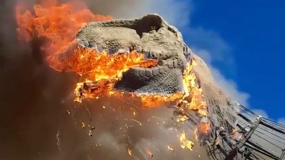 Screen grab from footage of T-Rex bursting into flames.