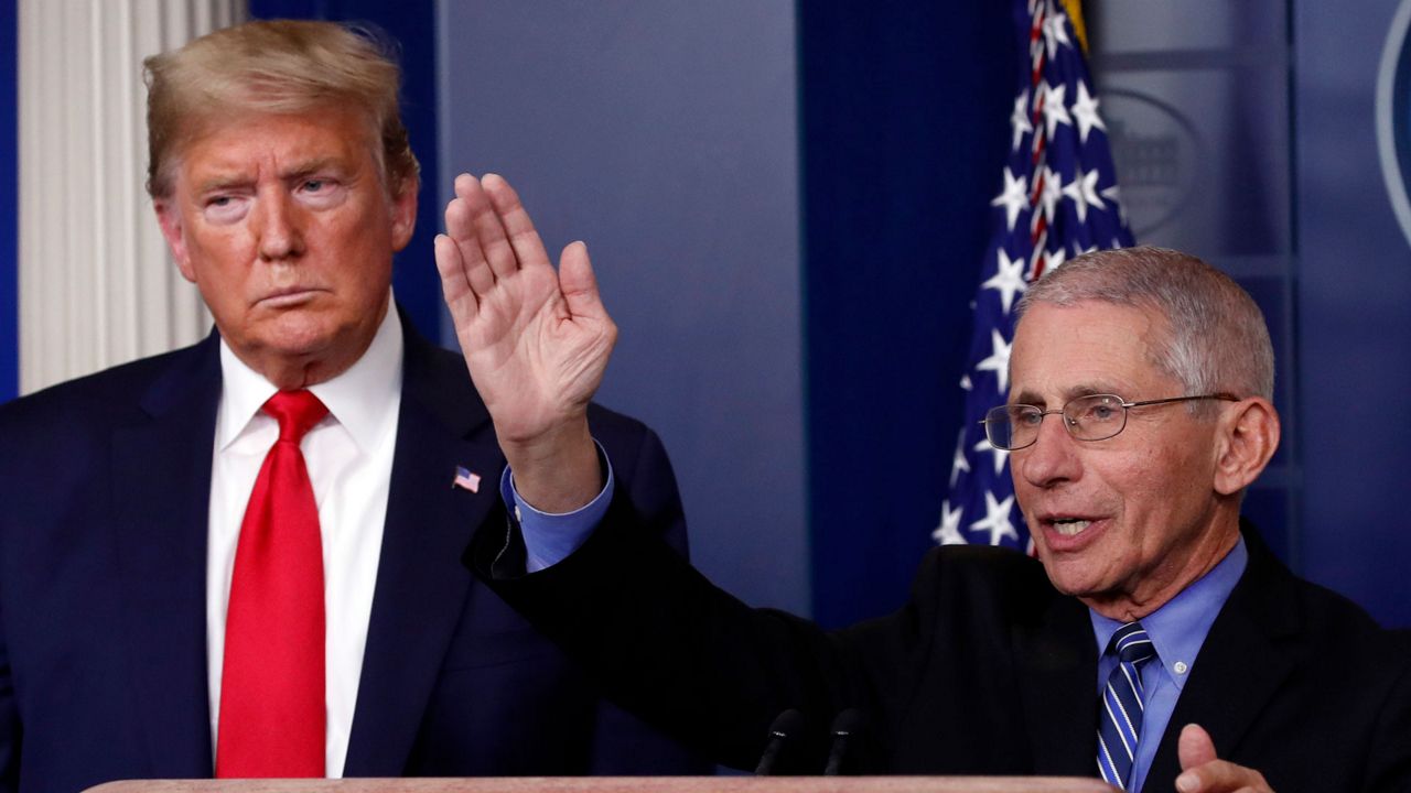 President Donald Trump listens as Dr. Anthony Fauci, director of the National Institute of Allergy and Infectious Diseases, speaks about the coronavirus in the James Brady Briefing Room, Tuesday, March 24, 2020, in Washington. (AP Photo/Alex Brandon)