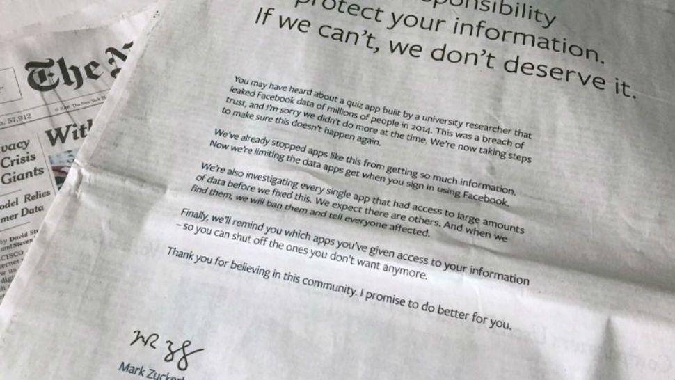 An advertisement in The New York Times is displayed on Sunday, March 25, 2018, in New York. Facebook’s CEO apologized for the Cambridge Analytica scandal with ads in multiple U.S. and British newspapers Sunday. The ads signed by Mark Zuckerberg say the social media platform doesn’t deserve to hold personal information if it can’t protect it. (AP Photo/Jenny Kane)